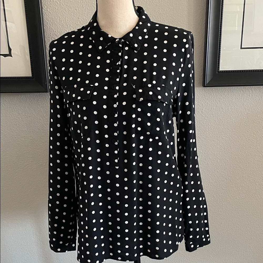 DR2 Ladies Black and White Polka Dot Button Down Shirt